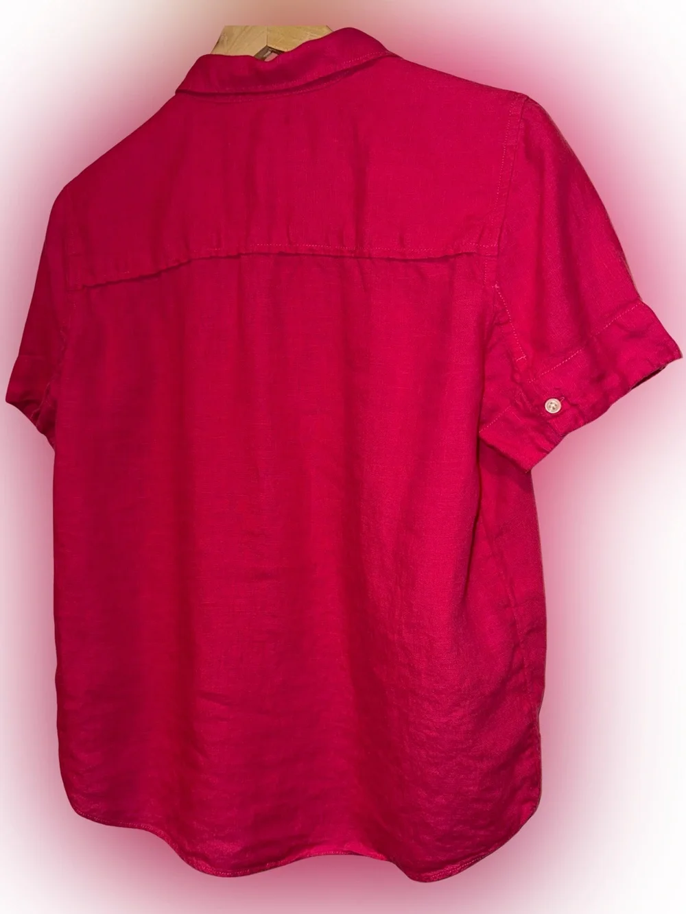 J. Crew 100% Linen Popover Top Short Sleeve S Coastal Hot Pink Preppy Collared